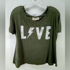 Zara Trafaluc Live Love Thunderbolt Olive Green Tee Top S Retro